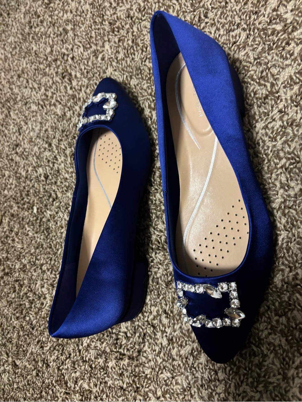 Women's Royal Blue Satin Pointed Toe Flats with Rhinestone Buckle